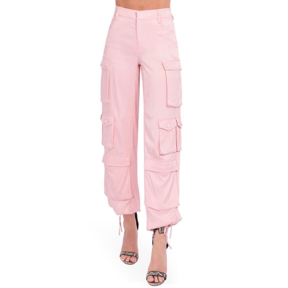 NWT* ALICE + OLIVIA Olympia Mid Rise Baggy Cargo Pant Pink Lace Size 12 Satin